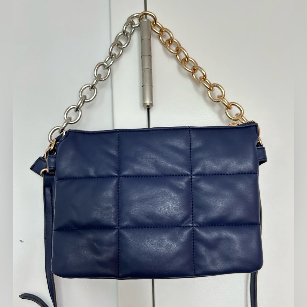 Landry blue quilted purse with gold and silver chain